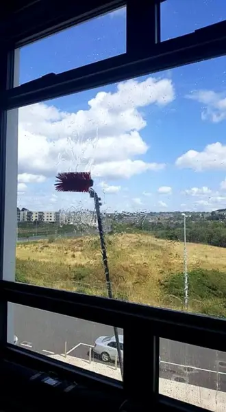 Water-fed pole brush cleaning a high window, seen from inside