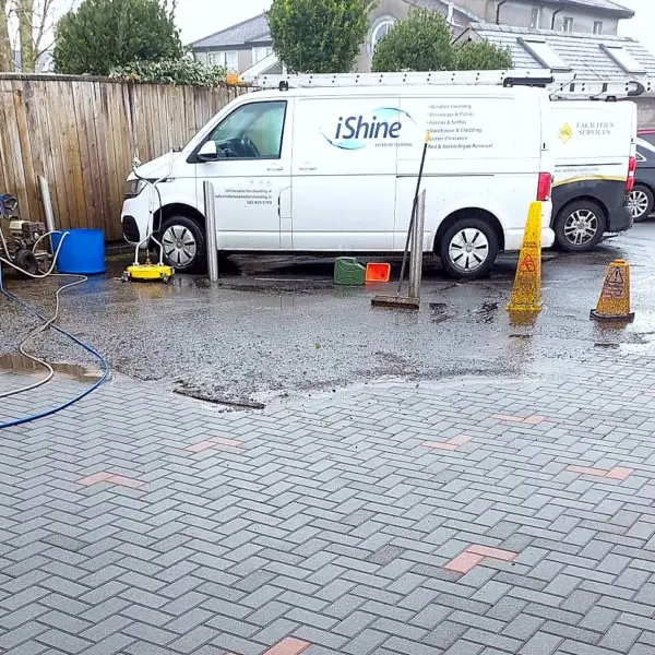 The iShine van behind a freshly cleaned block paving driveway